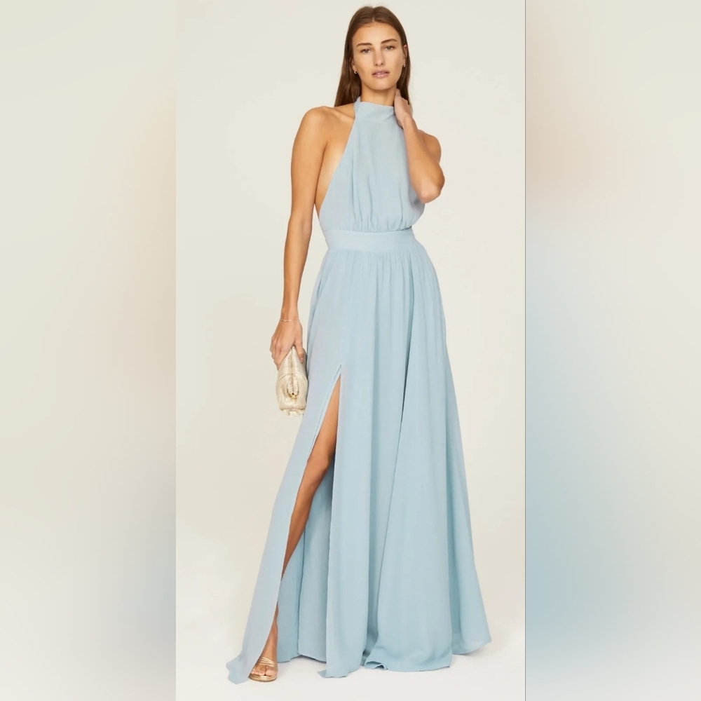 Reformation Pale Blue Halter Maxi Dress with Thigh Slit